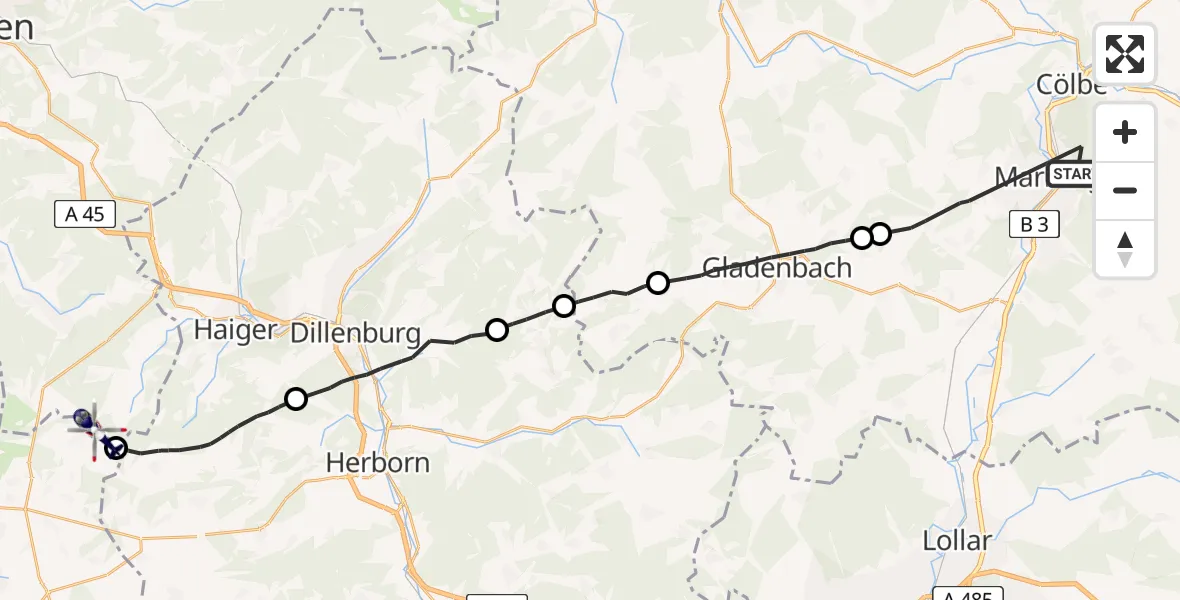 Flugroute Polizeihubschrauber Marburg - Liebenscheid, 24 Juli 2026, 13:46