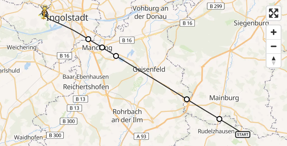 Flugroute Rettungshubschrauber Rudelzhausen - Ingolstadt Hospital, 24 Juli 2026, 13:48