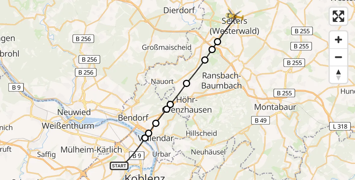 Flugroute Rettungshubschrauber Koblenz - Selters (Westerwald), 24 Juli 2026, 13:57