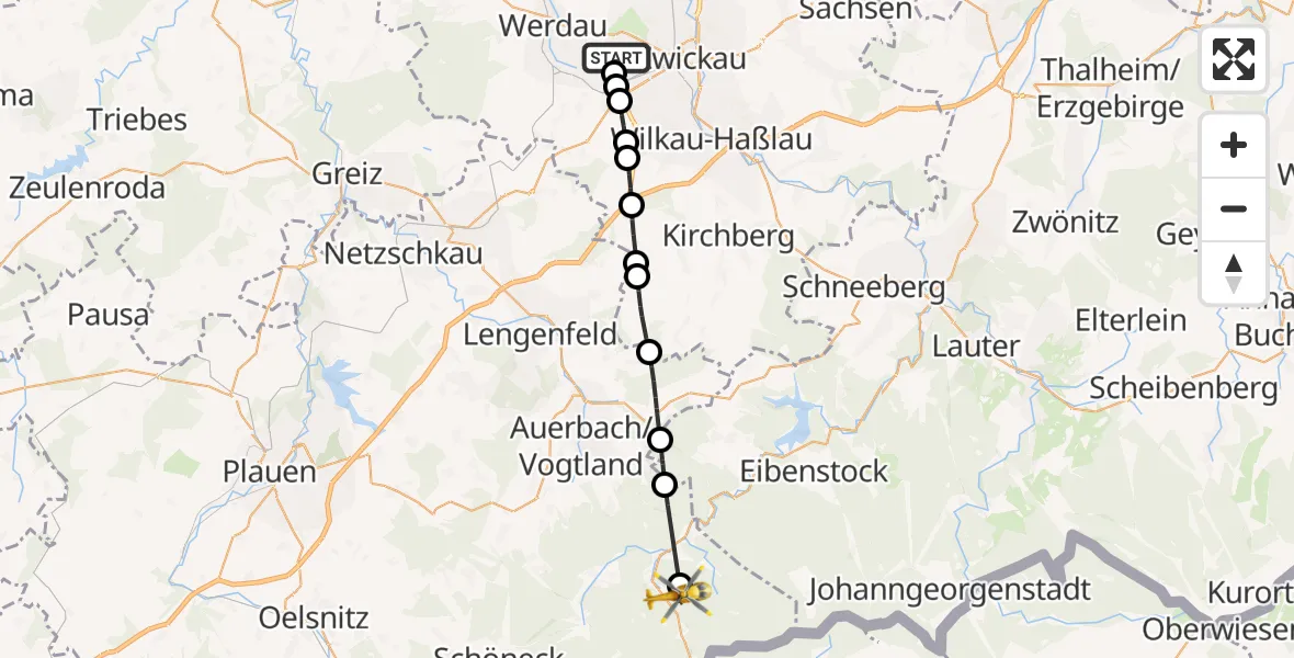 Flugroute Rettungshubschrauber ADAC Air Rescue Station Zwickau Hubschrauberlandeplatz - Muldenhammer, 24 Juli 2026, 14:08