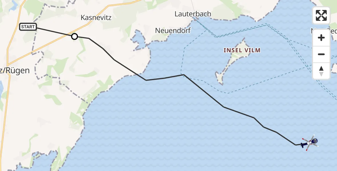 Flugroute Polizeihubschrauber Garz/Rügen - Lancken-Granitz, 24 Juli 2026, 14:10