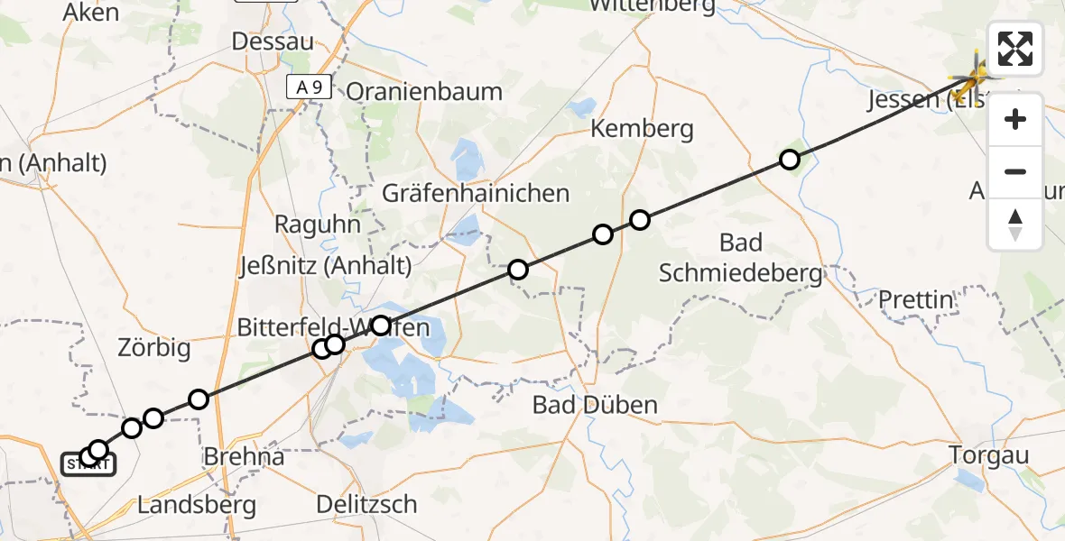 Flugroute Rettungshubschrauber Halle-Oppin Flugplatz - Jessen (Elster), 24 Juli 2026, 14:13