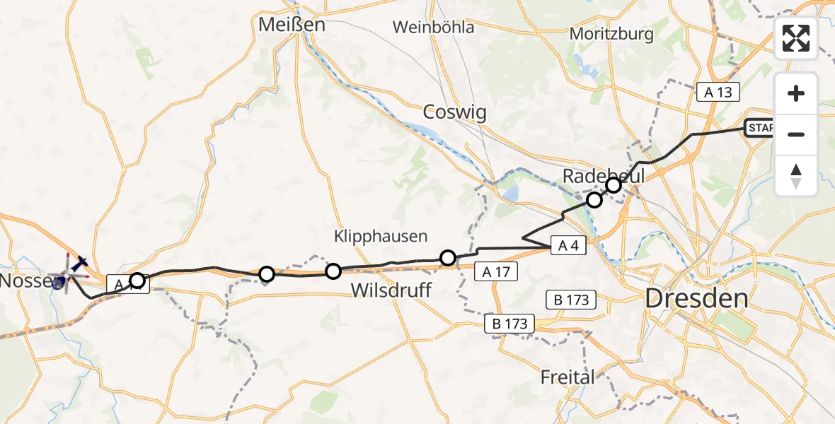 Flugroute Polizeihubschrauber Dresden - Nossen, 24 Juli 2026, 14:15