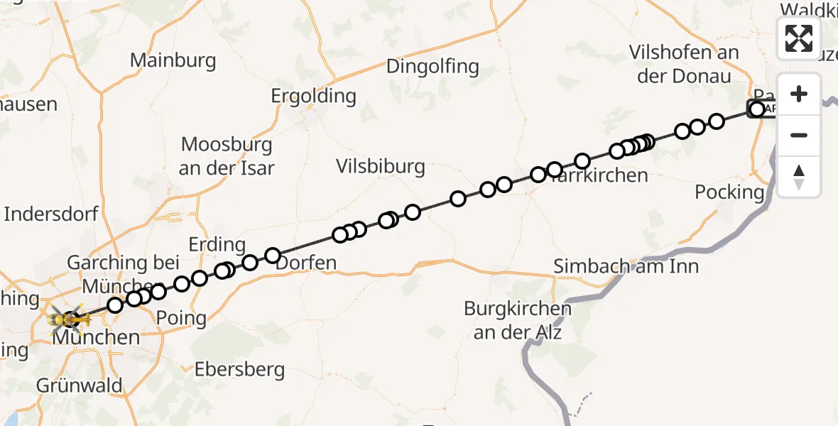 Flugroute Rettungshubschrauber Passau - Dritter Orden University Hospital, 24 Juli 2026, 14:19