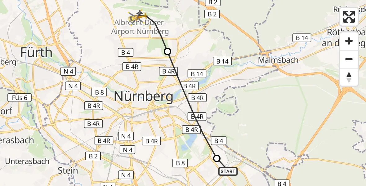 Flugroute Ambulanzhubschrauber Nürnberg South Hospital - Flughafen Nuremberg, 24 Juli 2026, 14:20