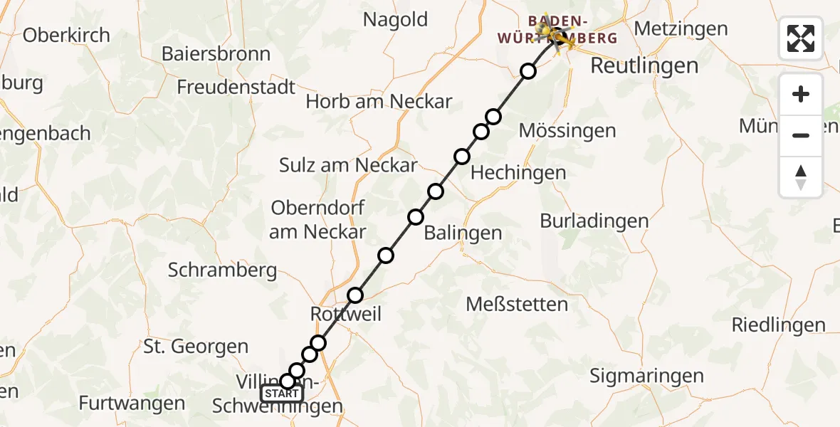 Flugroute Ambulanzhubschrauber DRF Air Rescue Station Villingen-Schwenningen Hubschrauberlandeplatz (Christoph 11) - Tübingen University Hospital, 24 Juli 2026, 14:20