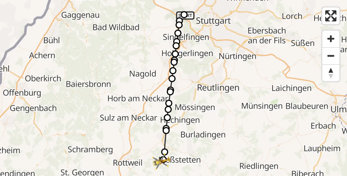Flugroute Rettungshubschrauber Leonberg Hospital - Obernheim, 24 Juli 2026, 14:25