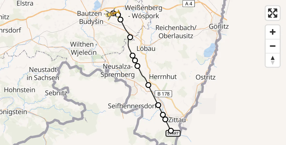 Flugroute Rettungshubschrauber Zittau - Bautzen Flugplatz, 24 Juli 2026, 14:29