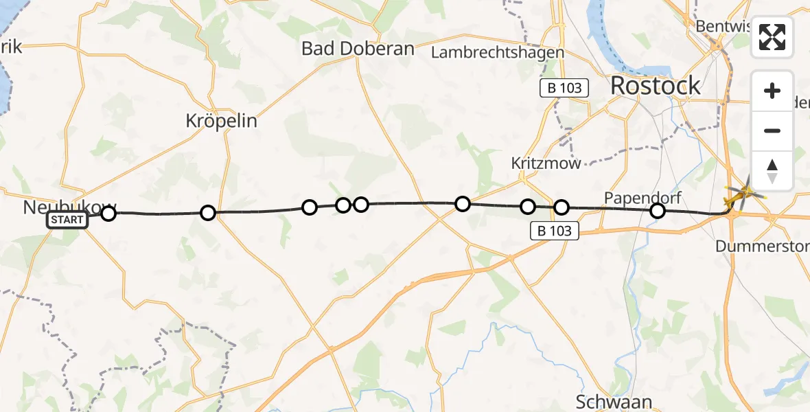 Flugroute Ambulanzhubschrauber Neubukow - Dummerstorf, 24 Juli 2026, 14:30