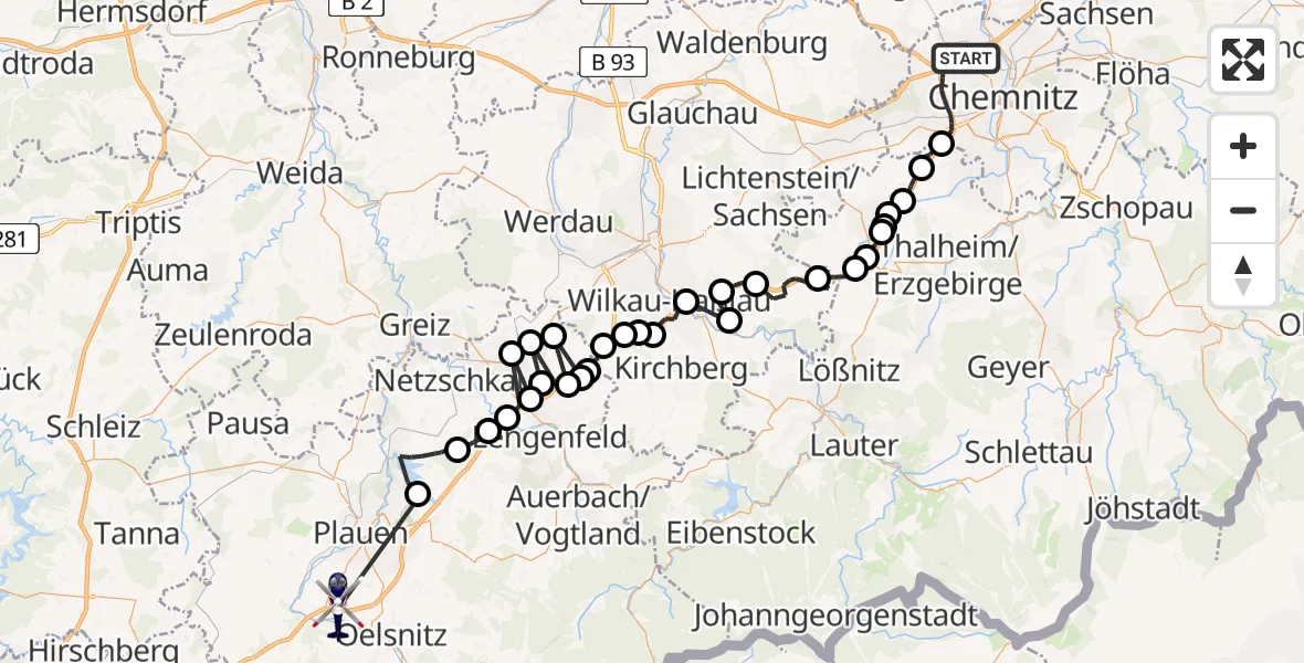 Flugroute Polizeihubschrauber Chemnitz - Oelsnitz/Vogtl., 24 Juli 2026, 14:39