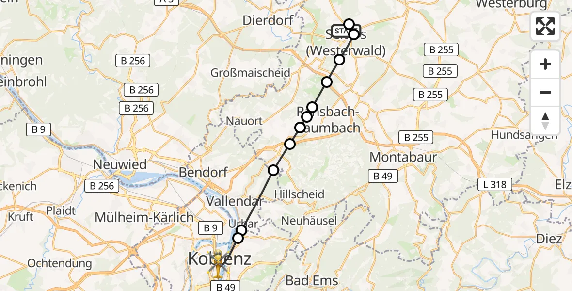 Flugroute Rettungshubschrauber Selters (Westerwald) - Koblenz, 24 Juli 2026, 14:43