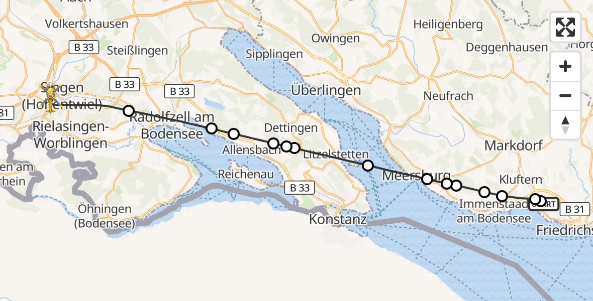 Flugroute Rettungshubschrauber Friedrichshafen Hospital - Singen (Hohentwiel), 24 Juli 2026, 14:45