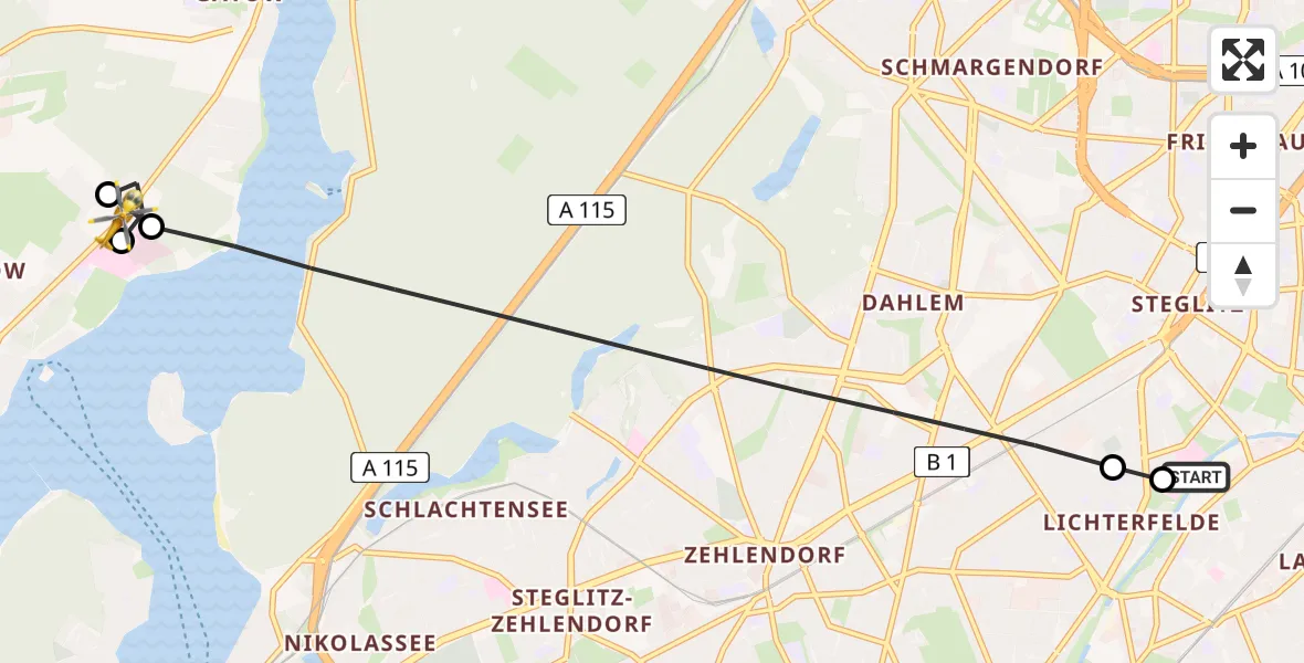 Flugroute Rettungshubschrauber Charité Clinic Benjamin Franklin Campus - Havelhöhe Medical Hubschrauberlandeplatz, 24 Juli 2026, 14:45