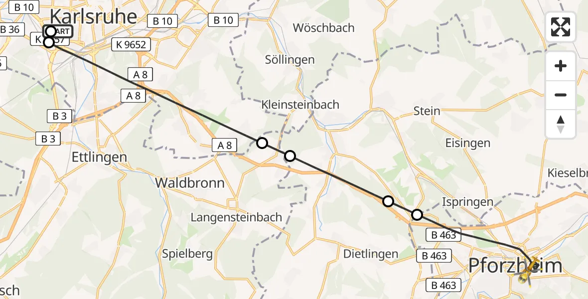 Flugroute Ambulanzhubschrauber Sankt Vincentius Hospital - Pforzheim, 24 Juli 2026, 14:48