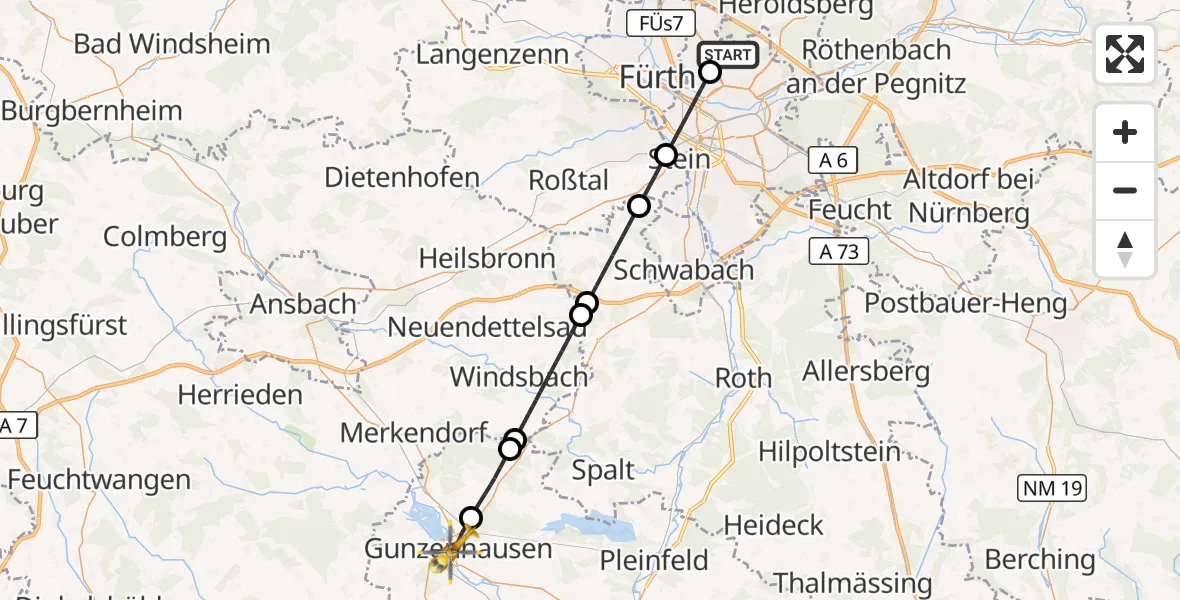 Flugroute Ambulanzhubschrauber Flughafen Nuremberg - Gunzenhausen, 24 Juli 2026, 14:52