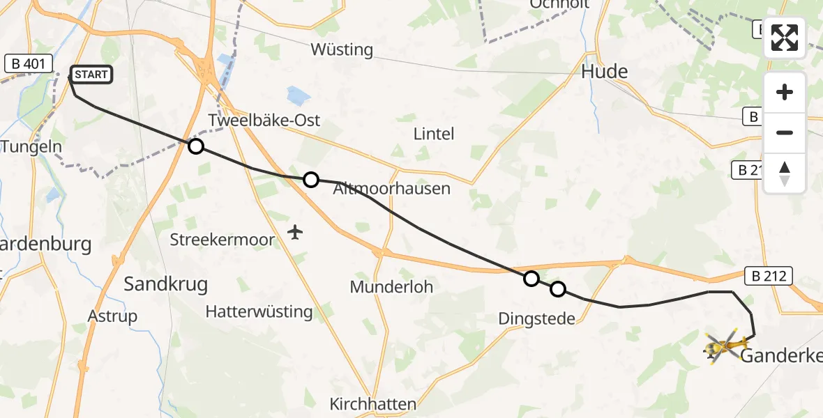 Flugroute Rettungshubschrauber Oldenburg (Oldb) - Ganderkesee Atlas Flugplatz, 24 Juli 2026, 14:55