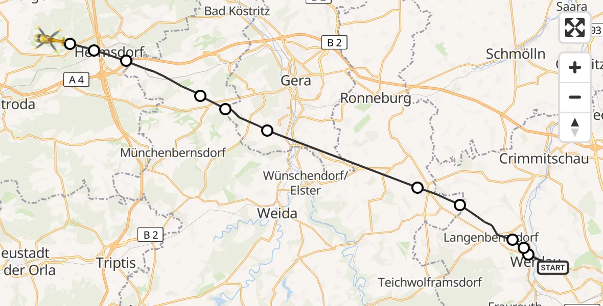 Flugroute Rettungshubschrauber Werdau - Waldeck, 24 Juli 2026, 14:56