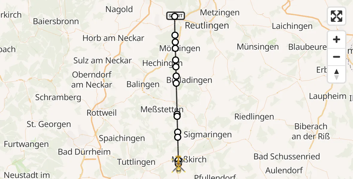 Flugroute Ambulanzhubschrauber Tübingen University Hospital - Sauldorf, 24 Juli 2026, 15:06