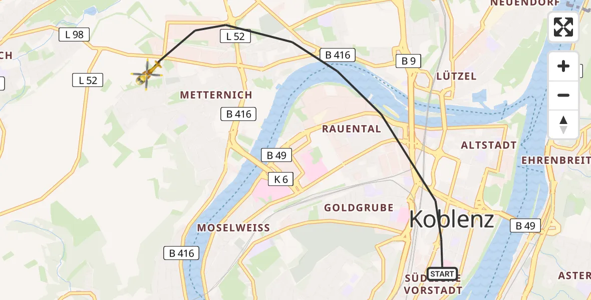 Flugroute Rettungshubschrauber Koblenz - Koblenz, 24 Juli 2026, 15:09