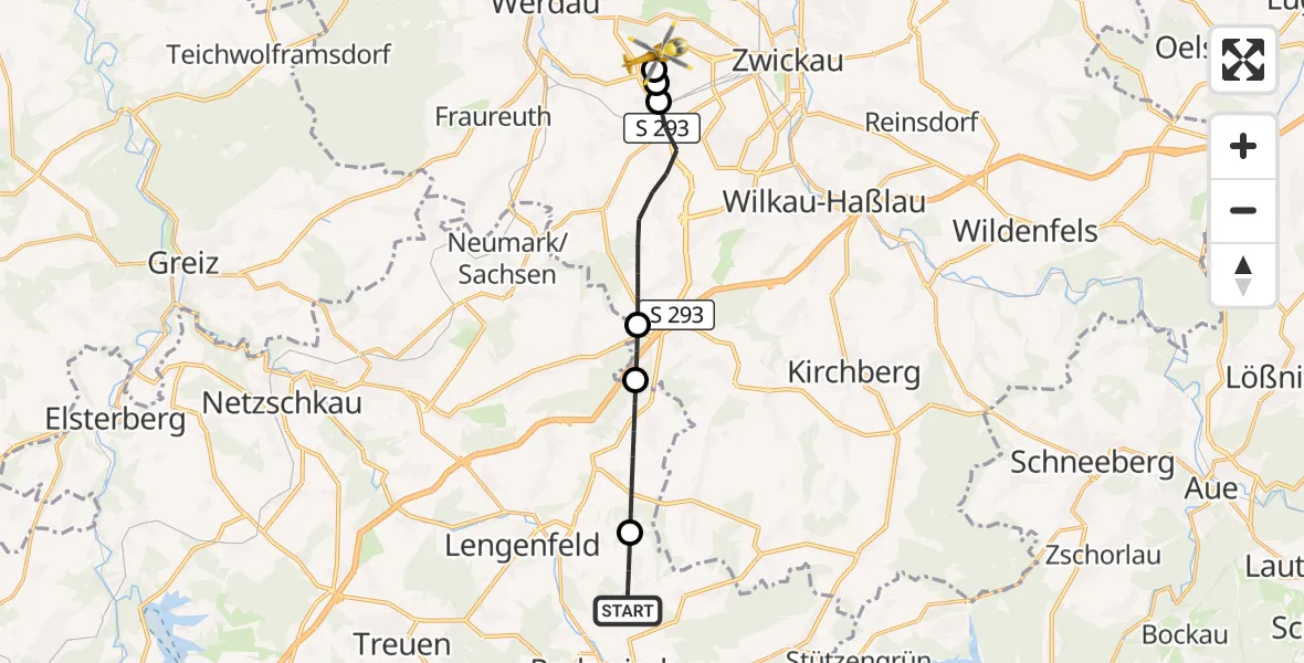 Flugroute Rettungshubschrauber Rodewisch - ADAC Air Rescue Station Zwickau Hubschrauberlandeplatz, 24 Juli 2026, 15:14