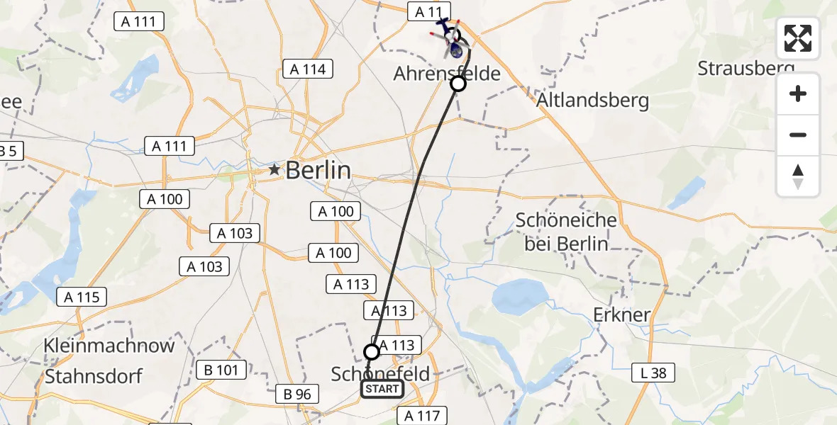 Flugroute Polizeihubschrauber Schönefeld - Ahrensfelde Hubschrauberlandeplatz, 24 Juli 2026, 15:14