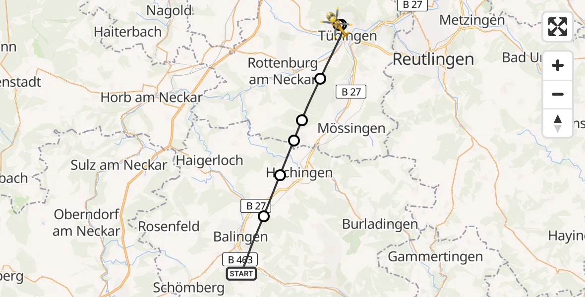 Flugroute Rettungshubschrauber Balingen - Tübingen Trauma Hospital, 24 Juli 2026, 15:16