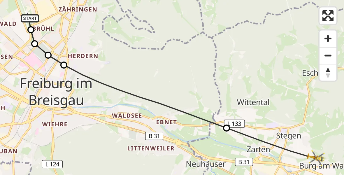 Flugroute Ambulanzhubschrauber Freiburg im Breisgau Flugplatz - Kirchzarten, 24 Juli 2026, 15:17