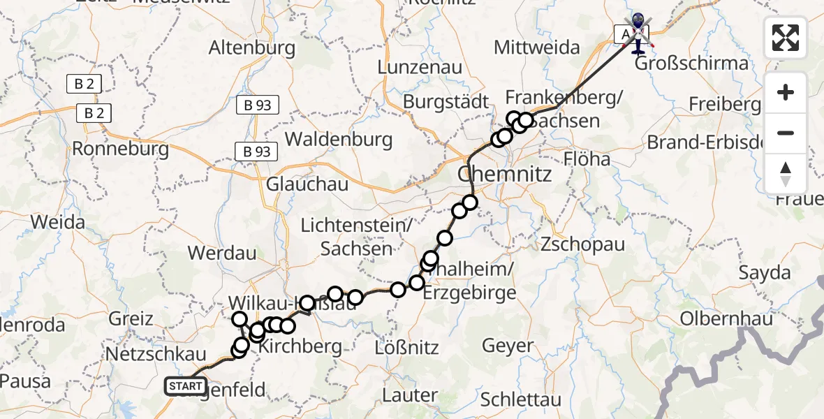 Flugroute Polizeihubschrauber Lengenfeld - Striegistal, 24 Juli 2026, 15:20