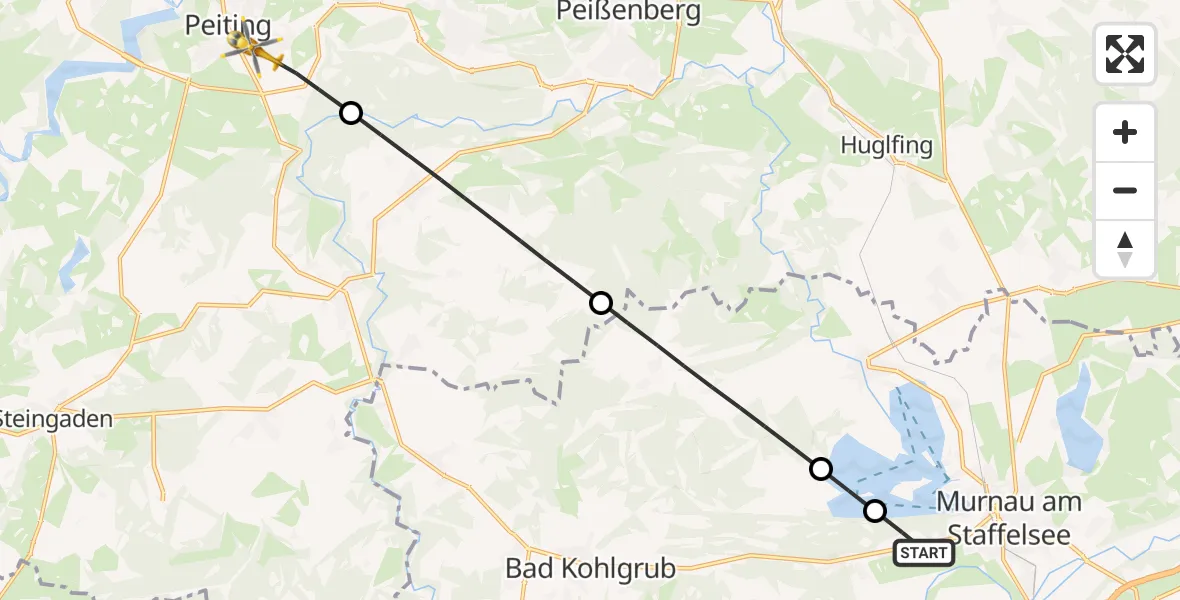 Flugroute Rettungshubschrauber Murnau a.Staffelsee - Peiting, 24 Juli 2026, 15:21