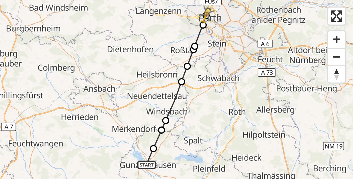 Flugroute Ambulanzhubschrauber Gunzenhausen - Fürth Hospital, 24 Juli 2026, 15:23