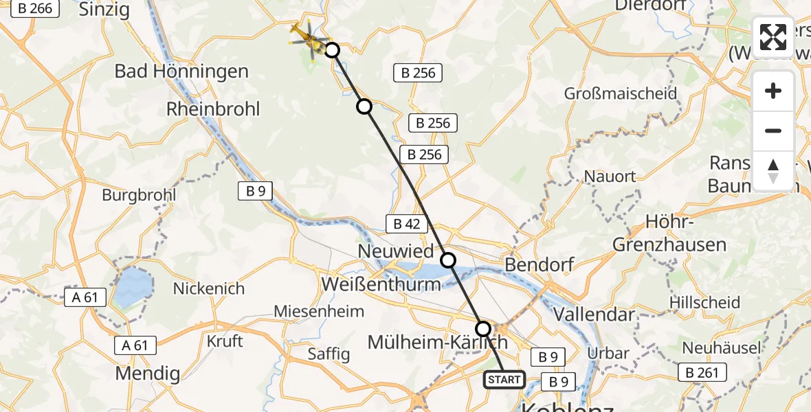 Flugroute Rettungshubschrauber Koblenz - Niederbreitbach, 24 Juli 2026, 15:23