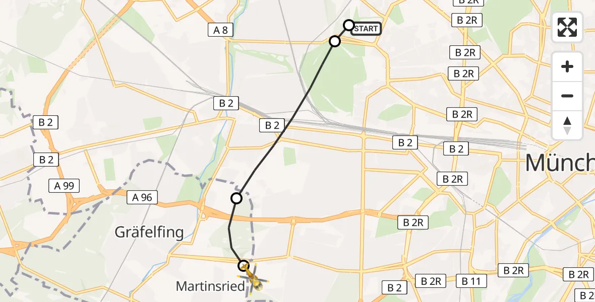 Flugroute Rettungshubschrauber Dritter Orden University Hospital - DRF Air Rescue München Hubschrauberlandeplatz, 24 Juli 2026, 15:27