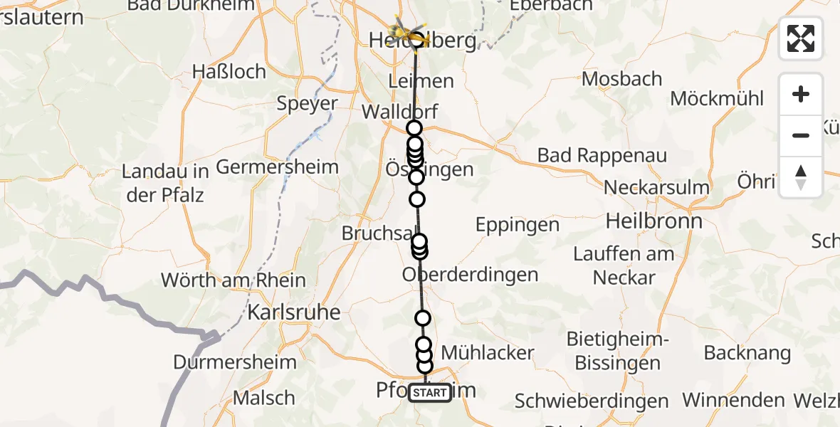 Flugroute Ambulanzhubschrauber Pforzheim - Heidelberg, 24 Juli 2026, 15:28