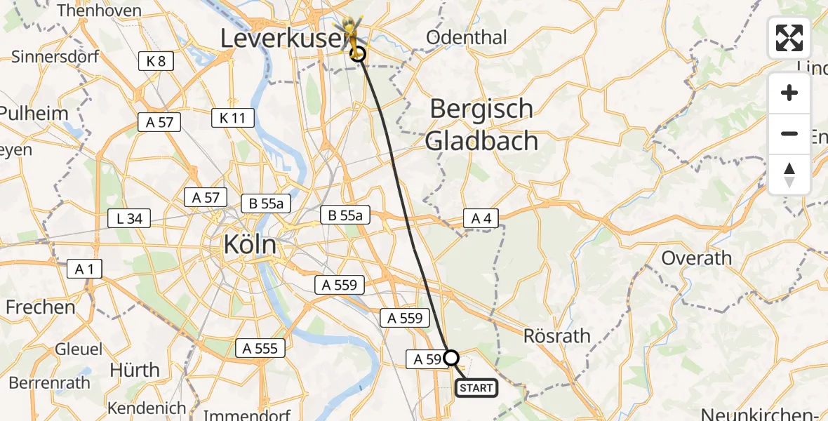 Flugroute Ambulanzhubschrauber Köln Bonn Flughafen - Leverkusen, 24 Juli 2026, 15:29