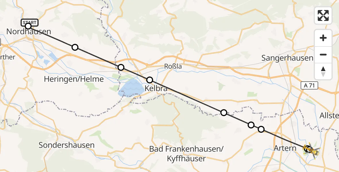 Flugroute Rettungshubschrauber Südharz Hospital Nordhausen - Artern, 24 Juli 2026, 15:29