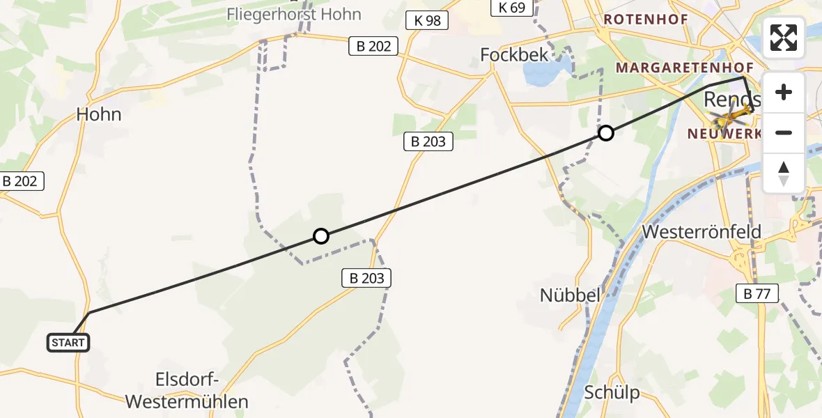 Flugroute Ambulanzhubschrauber Elsdorf-Westermühlen - Rendsburg, 24 Juli 2026, 15:33