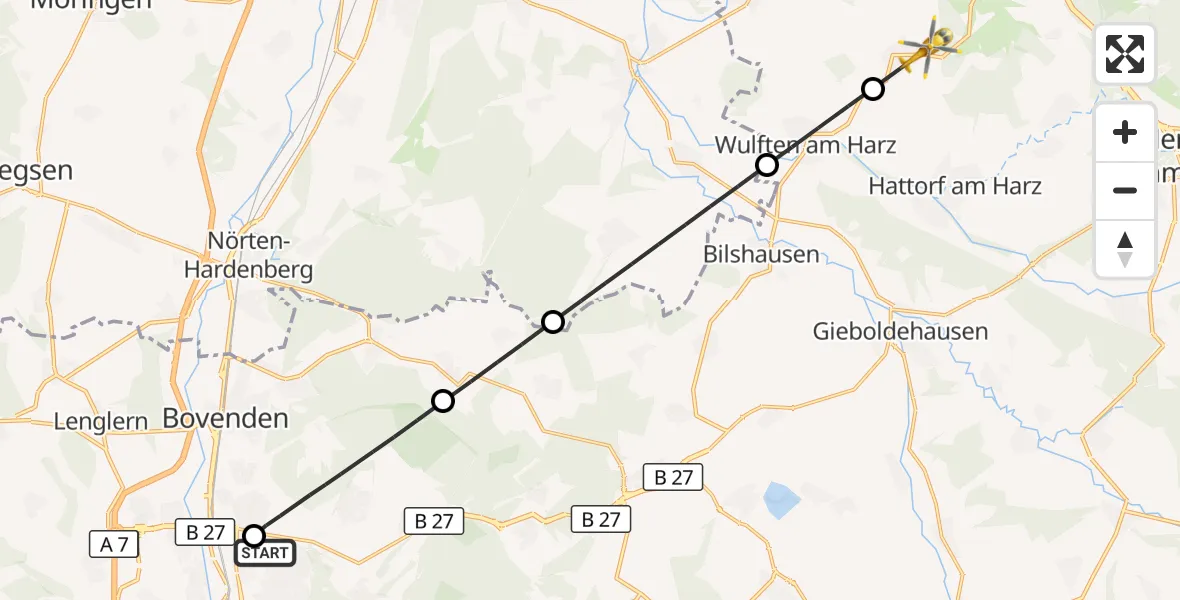 Flugroute Rettungshubschrauber Göttingen University Clinic Hubschrauberlandeplatz - Osterode am Harz, 24 Juli 2026, 15:33