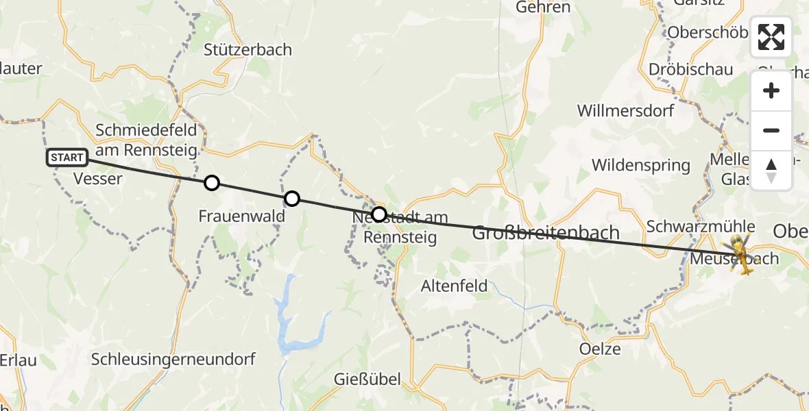 Flugroute Rettungshubschrauber Suhl - Schwarzatal, 24 Juli 2026, 15:38