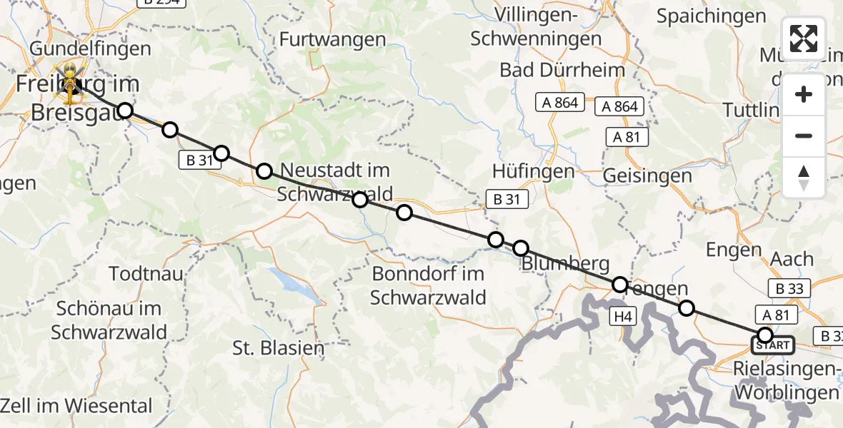 Flugroute Rettungshubschrauber Singen (Hohentwiel) - Freiburg University Hospital Heliport 1, 24 Juli 2026, 15:45