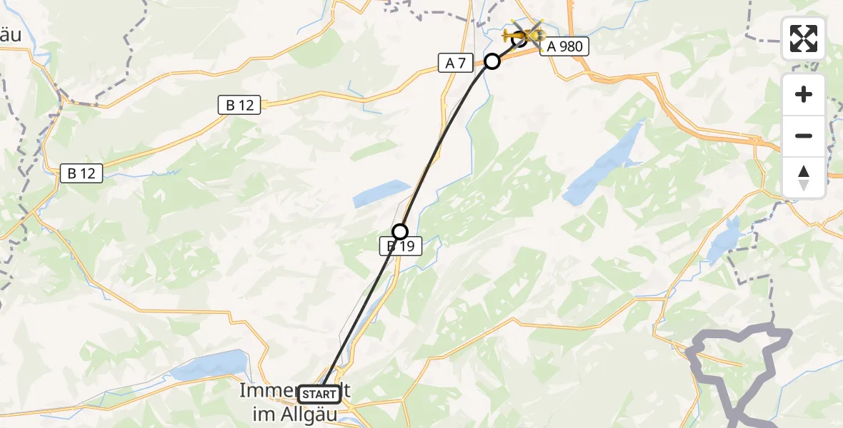Flugroute Rettungshubschrauber Immenstadt i.Allgäu - Kempten-Durach Flugplatz, 24 Juli 2026, 15:49