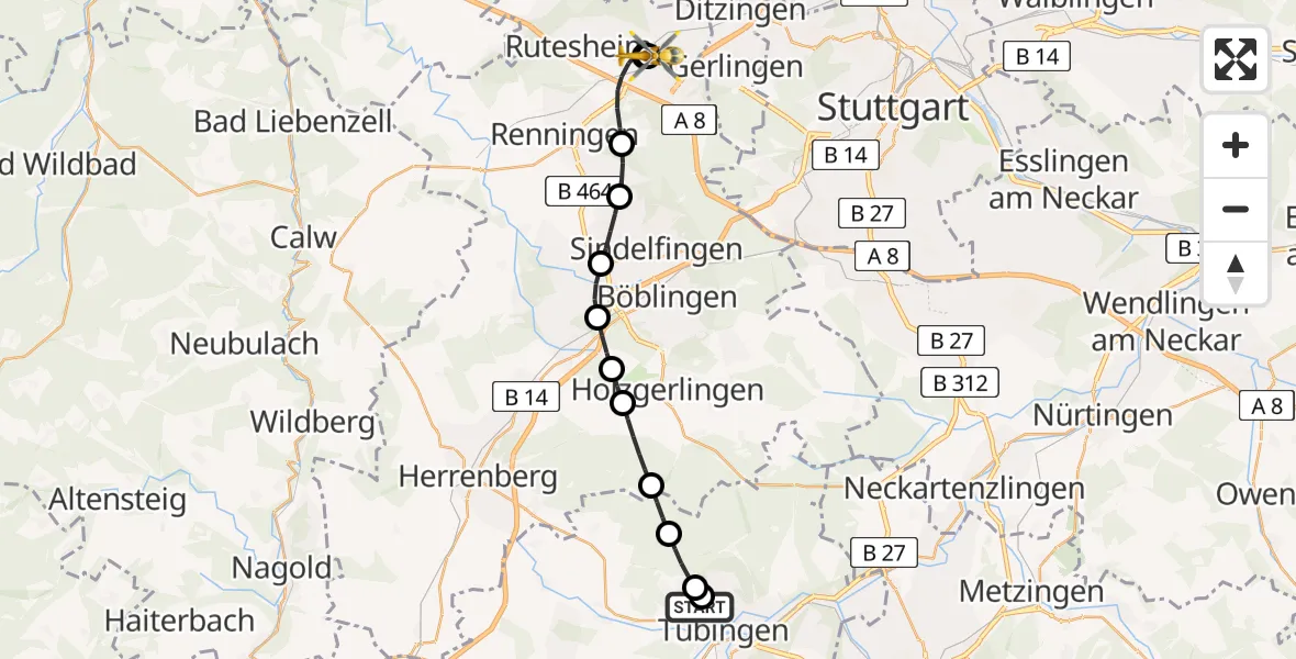 Flugroute Rettungshubschrauber Tübingen Trauma Hospital - Leonberg Hospital, 24 Juli 2026, 15:54
