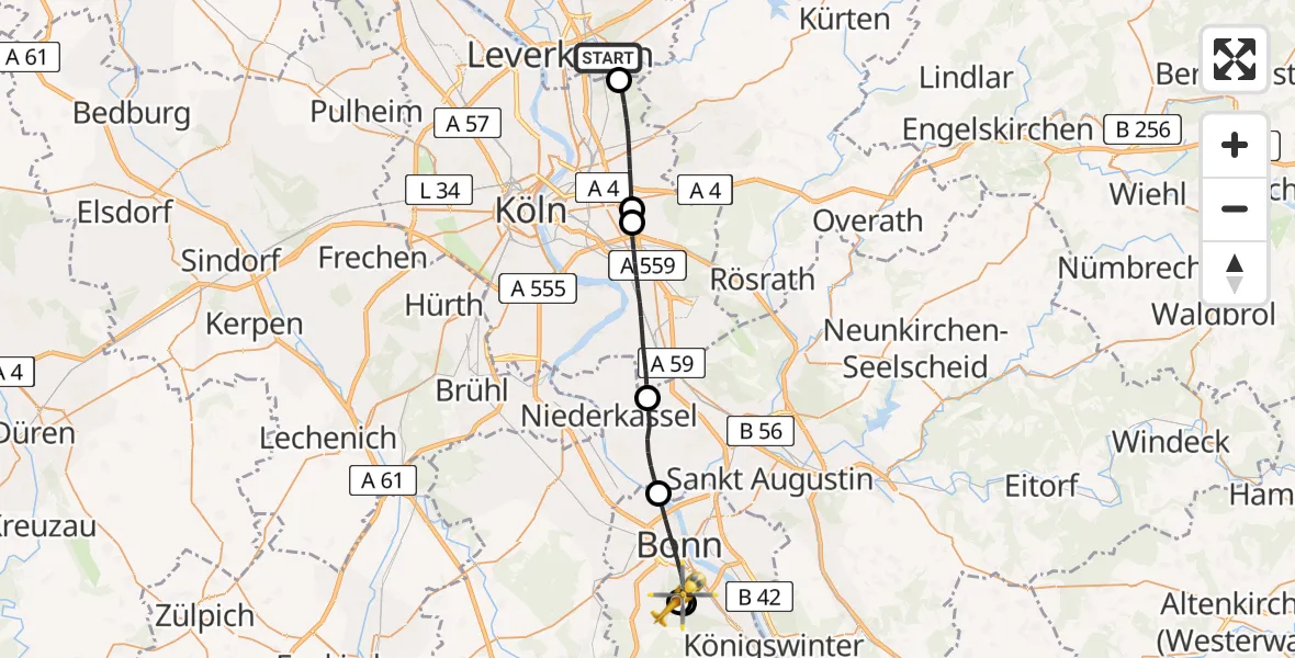 Flugroute Ambulanzhubschrauber Leverkusen - Bonn University Hospital, 24 Juli 2026, 15:55