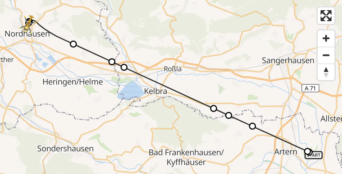 Flugroute Rettungshubschrauber Artern - Südharz Hospital Nordhausen, 24 Juli 2026, 16:00