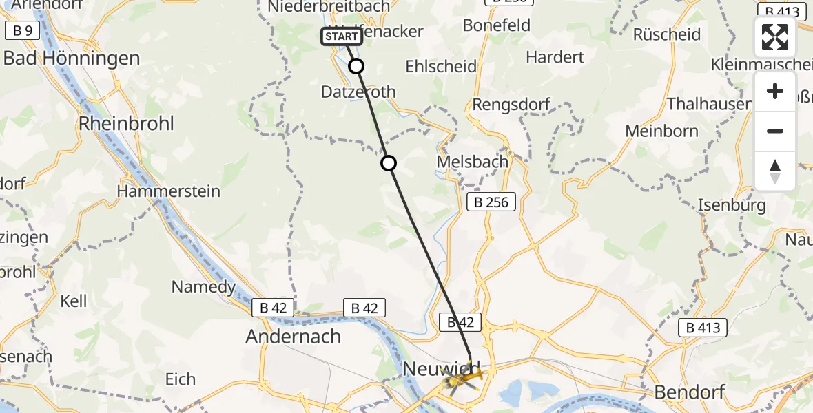 Flugroute Rettungshubschrauber Niederbreitbach - Neuwied, 24 Juli 2026, 16:02