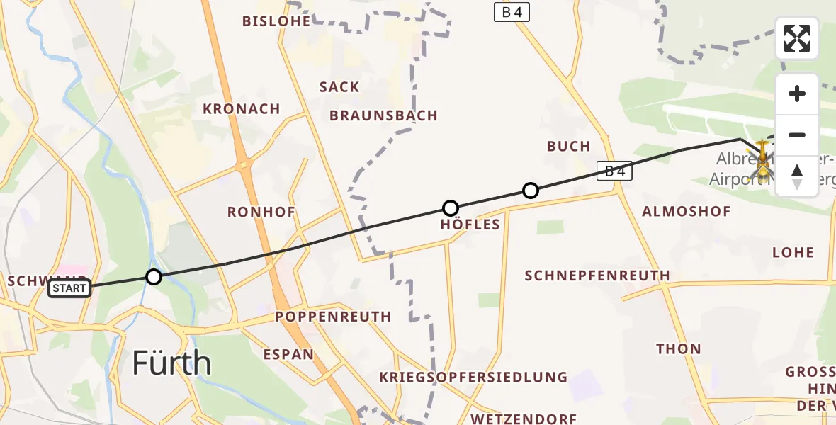 Flugroute Ambulanzhubschrauber Fürth Hospital - Flughafen Nuremberg, 24 Juli 2026, 16:04