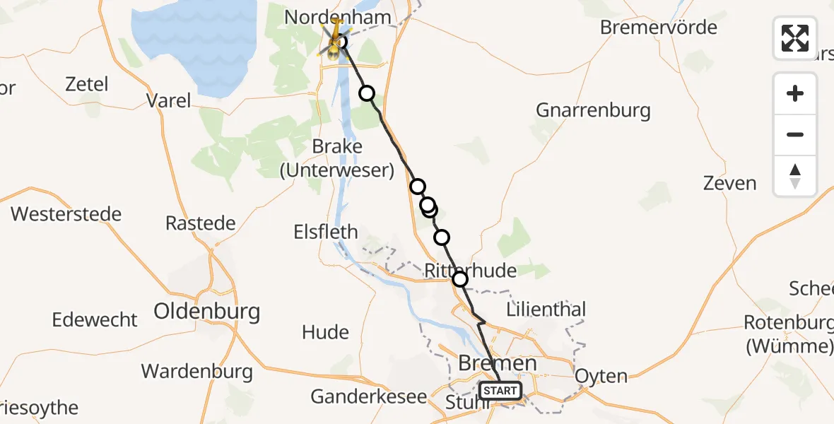 Flugroute Rettungshubschrauber Bremen - Nordenham, 24 Juli 2026, 16:04