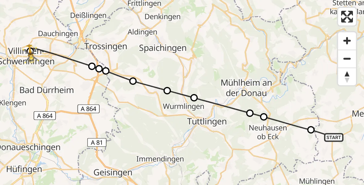 Flugroute Ambulanzhubschrauber Sauldorf - DRF Air Rescue Station Villingen-Schwenningen Hubschrauberlandeplatz (Christoph 11), 24 Juli 2026, 16:10
