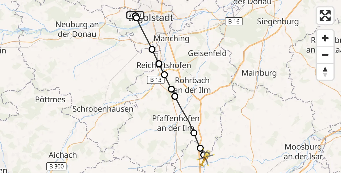 Flugroute Rettungshubschrauber Ingolstadt Hospital - Allershausen, 24 Juli 2026, 16:16