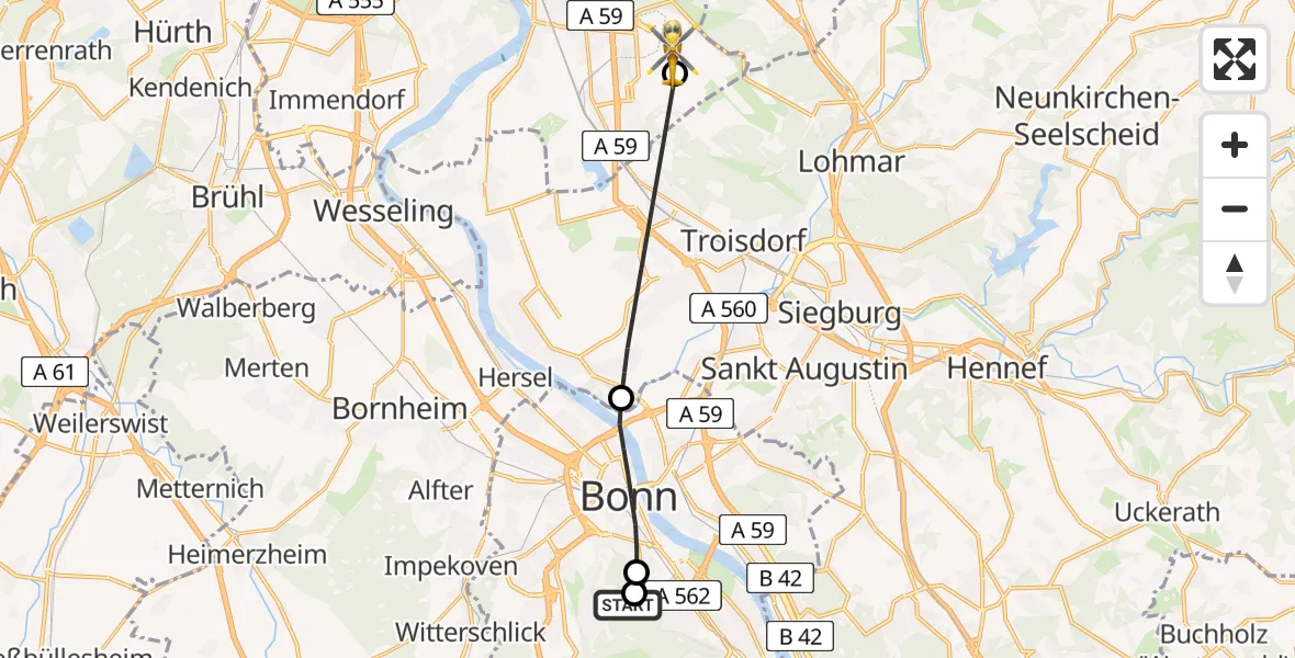 Flugroute Ambulanzhubschrauber Bonn University Hospital - Köln Bonn Flughafen, 24 Juli 2026, 16:24
