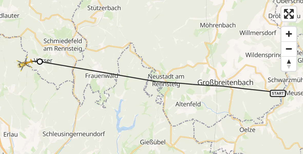 Flugroute Rettungshubschrauber Großbreitenbach - Schleusingen, 24 Juli 2026, 16:24